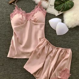 Sexy Lingerie Women Lace Pyjamas Summer Silk Satin Chest Pad Embroidery Pyjamas Mujer Ladies Sleepwear Shorts Sleeveless V-neck Q0706