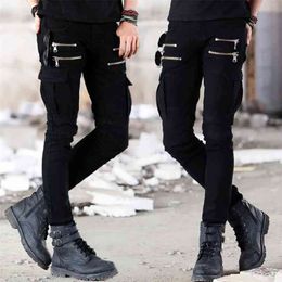 Motorcycle Denim Pants Men's Black Jeans Fashion Stretch Zipper Skinny Pleated Moto Biker Men Slim Selling 210723