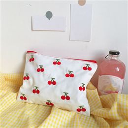 Cherry Cosmetic Bag Cotton Fabric String Handbag Women Girls Sweet Zipper Shoulder Bags Card Holder Mini Make Up Bag Case