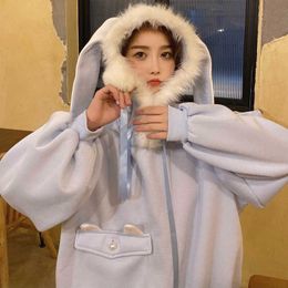 Cute Blue Hooded Rabbit Ears Hoodies Women Autumn Winter Coat Loose Preppy Style Thick Kawaii Japan Chic Oversized Sweatshirt 210610