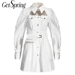 Getspring Women Dress Hollow Out Bandage Cotton Shirt Dresses Long Sleeve Vintage Sexy White Fashion 210601