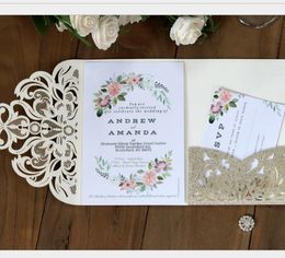 2021 NEW Romantic Blush Pink Spring Flower Glittery Laser Cut Pocket Wedding Invitation Kits, Free Shipped by UPS