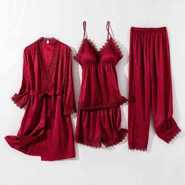 Satin Silk Nightgown Sets Women 4pcs Robe Suit Spring Sleepwear Nighty Wear Pajamas Sexy Strap Nightwear Sleep Kimono Bath Gown Q0706