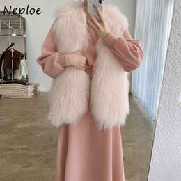 Pink 3 Piece Set Chic Faux Mink Warm Vest Coat + Cordury Hooded Hoodies High Waist A-line Women Dress Fashion Suit 210422