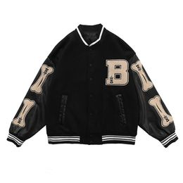Varsity Baseball Bomber Jacket Women Hip Hop Harajuku Bone Letter Patchwork Leather Jackets Streetwear Men Unisex College Coats 211109