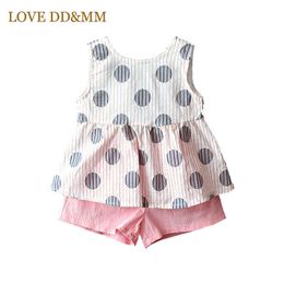 LOVE DD&MM Girls Sets Summer Children's Clothing Girls Cute Striped Dots Large Bow Back Baby Tops + Shorts Suit 210715