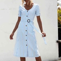 Spring Summer Selling elegant midi dress with belt women V-neck Short Sleeve Striped Button Lace-up Dress for women 210514