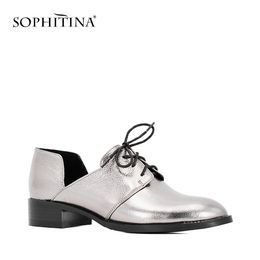 SOPHITINA Genuine Leather Casual Pumps Round Toe Square Low Heels Lace Up Autumn Shoes Handmade Soft Women shoes Blue Silver W17 210513