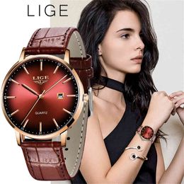 LIGE Womens Sport Watches Clock Top Brand Fashion Casual Luxury Brown Leather Waterproof Wristwatch for Ladies Quartz Watch+Box 210517