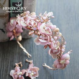 Himstory Handmade Romantic Princess Wedding Hairband Pink Blossom Flower Crown Pageant Prom Headband Hair Accessories X0726