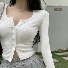 Lucyever Korean Cropped Cardigan for Women Sexy Slim Fit Single-breasted Knit Ladies Sweater Solid Long Sleeve Crop Tops Female 210922