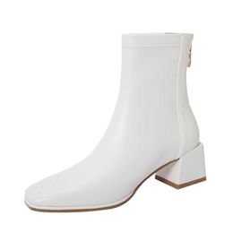 Autumn Women Leather Ankle Boots Fashion Female Mid Thick Heels Elegant Lady White Black Apricot Square Toe Zip Shoes 210911
