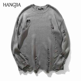 Wash Hole Ripped Knit Sweaters Men Women Streetwear Hip Hop Pullovers Jumper Fashion Oversized All-match Men Winter Clothes 210818