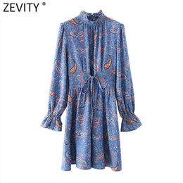 Zevity Women Vintage Ruffled Collar Cashew Nuts Print Casual Mini Dress Female Lace Up Vestido Chic Agaric Lace Dress DS4803 210603