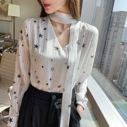 Korean Women Shirts Chiffon Blouses Long Sleeve Tops Woman Lace Print Blouse V Neck Shirt White Top Plus Size 210604