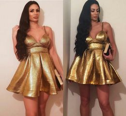 2021 Gold Sequined Satin Homecoming Dresses Short Plus Size Spaghetti Sweetheart Open Back A-line Prom Graduation Dress Juniors Party Girls