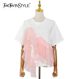 TWOWINSYLE Pink Shirt For Women O Neck Short Sleeve Patchwork Mesh Hit Color Plus Size Straight Shirts Female Clothes 210524