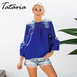 Tataria Lace Tops Women Autumn Casual Shirt Hollow Out Blouses Long Flare Sleeve Openwork Lady Loose Tees 210514
