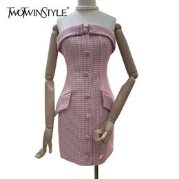 Plaid Pink Slim Dress For Women Strapless Sleeveless High Waist Mini Dresses Female Fashion Clothing Fall 210520