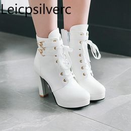 Women's Head Round Boots Autumn Winter Style and Zipper Lace-up Thick Heel High Short Plus Size 33-43 690 214