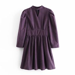 Elegant Women Solid Purple O-Neck Dresses Fashion Ladies Hollow Out Dress Streetwear Female Chic Puff Sleeve Vestidos 210427