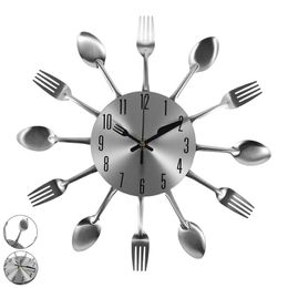 Wall Clocks Clock Watch 3D Removable Modern Creative Cutlery Kitchen Spoon Fork Mute Timing Drop