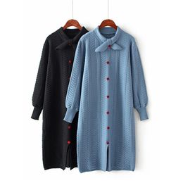 Knitted Blue Black Beige Button Bow Collar Midi Sweater Dress Autumn Elegant Long Puff Sleeve Stragiht D1368 210514