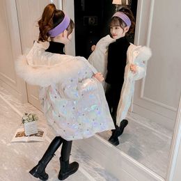 Winter Girls Hooded Fur Collar Cotton Coat Mid-length Children's Padded Warm Snow Jacket Kids Fashion Waterproof Outwear TZ788 H0909