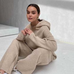 Women Knitted 2 Pieces Set Tracksuit Hooded Sweater + Jogging Pants Pullover Jumper Solid Colour Loose Chic Outwear Y0625