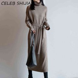 SHIJIA New Turtleneck Knit Woman Dress Autumn Winter Woollen Elegant Full-sleeve Loose Long Sweater Dress Female 2021 Chic Y1204