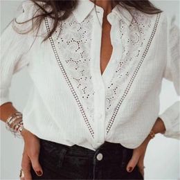 TRAF Women Fashion Hollow Embroidery Lace White Blouses Vintage Long Sleeve Button-up Female Shirts Blusas Streetwear 210715