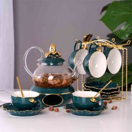 Design Glass Teapot And Ceramic Green Lid Heat Preseveration Candle Holder Set Cup Saucer Juice Tea Water Kettle 210621