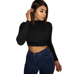 LOSSKY Solid Bodycon Crop T Shirt Sexy O Neck Long Sleeve Women's Autumn Fashion Basic T-shirt Slim Casual Tshirt Tops Tees 210507