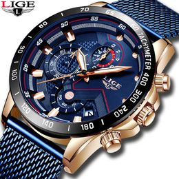 LIGE Fashion Men Watches Top Brand Luxury Mesh Steel Quartz Watch Men Sport Waterproof Military Watch Relogio Masculino 210527