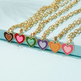 INS Colorful Dripping Oil Double Layer Love Necklace Peach Heart Enamel Pendant Necklace for Women Thick Cuban Chain Y2K Jewelry