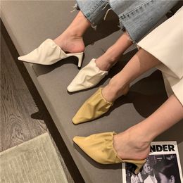 Pointed Toe Women Slippers High Heels Solid Color Yellow/Beige/Black Fashion Soft Leather Casual Summer Slides Mules Shoes 35-39 210513