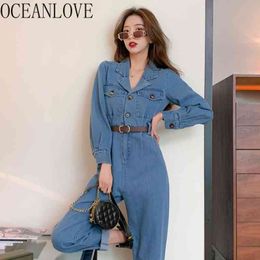 Denim Jumpsuit Women Solid Belt High Waist Spring Notched Collar Bodysuit Korean Vintage Combinaison Femme 210415