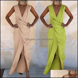 Casual Dresses Womens Clothing Apparel Plus Size Sundress Celmia Women Sleeveless Sexy Deep V-Neck Pleated Long Maxi Dress Loose Split Beach