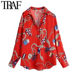 TRAF Women Fashion Printed Loose Red Blouses Vintage Long Sleeve Button-up Female Shirts Blusas Chic Tops 210415