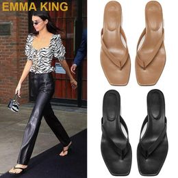 Slippers Chic Flip Flop Women Leather Slides Kitten Heel Summer Sandals Square Toe Shoes Sexy Ladies Outdoor Beach