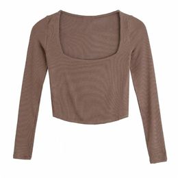 Autumn Women Square Collar Knitting Short T Shirt Casual Femme O Neck Long Sleeve Crop Tops T1380 210330