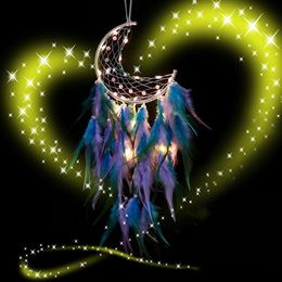 dreamcatcher hanging Canada - Decorative Objects & Figurines Moon Dream Catcher With Fairy Lights Dreamcatcher Wall Hanging Ornament For Home Bedroom Decoration Craft Gif