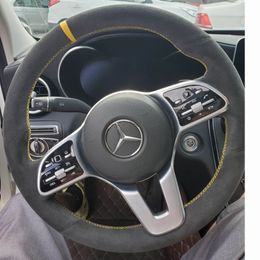 Classic Black Leather Steering Wheel Yellow Stitching Hand Sewing Wrap Cover Fit for Mercedes Benz A Class 19-20 GLC GLB 2020 CLS 18-20