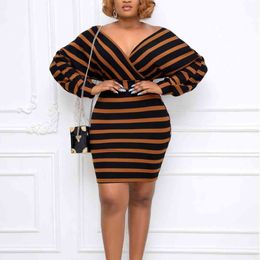 Women Striped Bodycon Dress V Neck Long Sleeve Skinny Package Hip Office Ladies Work Wear Modest Female African Fashion Vestidos 210416