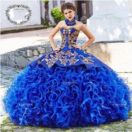 Royal Blue Quinceanera Dresses 2021 Sweetheart Beaded Cascading Ruffles Gold Lace Sweet 16 Engagement Dress Ball Gown Prom Party Gowns