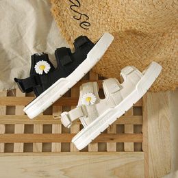 Solid Embroider Letters Sunflower Creepers Sandals Women Open Toe Hook&loop Gladiator Sandalias Round Flats Sneakers Sandale