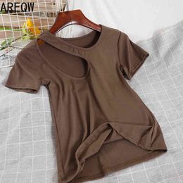 V966 Personalised Hollow T-shirt Spring and Summer Products Base Shirt Pure Colour Temperament Women 210507