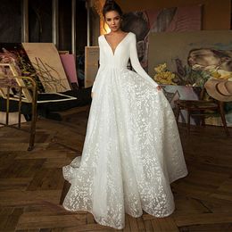 Sheer Bohemian Wed Dress Crew Neck Sexy Button Back Long Sleeves Appliques New Vintage Cheap Lace Wedding Dresses Vestios De Novia Bridal Gown 403