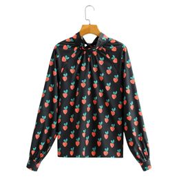 Spring Women Strawberry Print Casual Long Sleeve Shirt Female Stand Collar Lace Up Blouse Lady Loose Tops Blusas S8563 210430