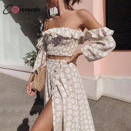 Conmoto Twist Off Shoulder Split Dress Casual Ruffle Beach Summer Women Dress Floral Print Suit Vestidos Lace-up Dress X0521